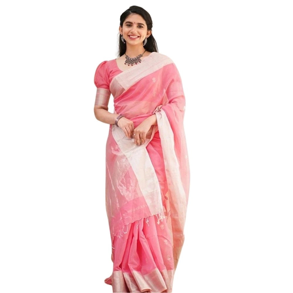 Amfyn Women's Cotton  Printed Saree With Unstitched Blouse 5.5Mtr (Pink)