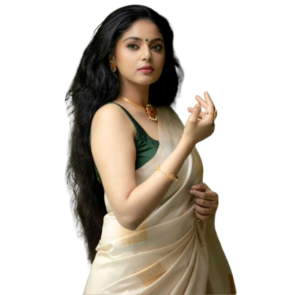 Amfyn Women's Silk Printed Saree With Unstitched Blouse 5.5Mtr (Off White)