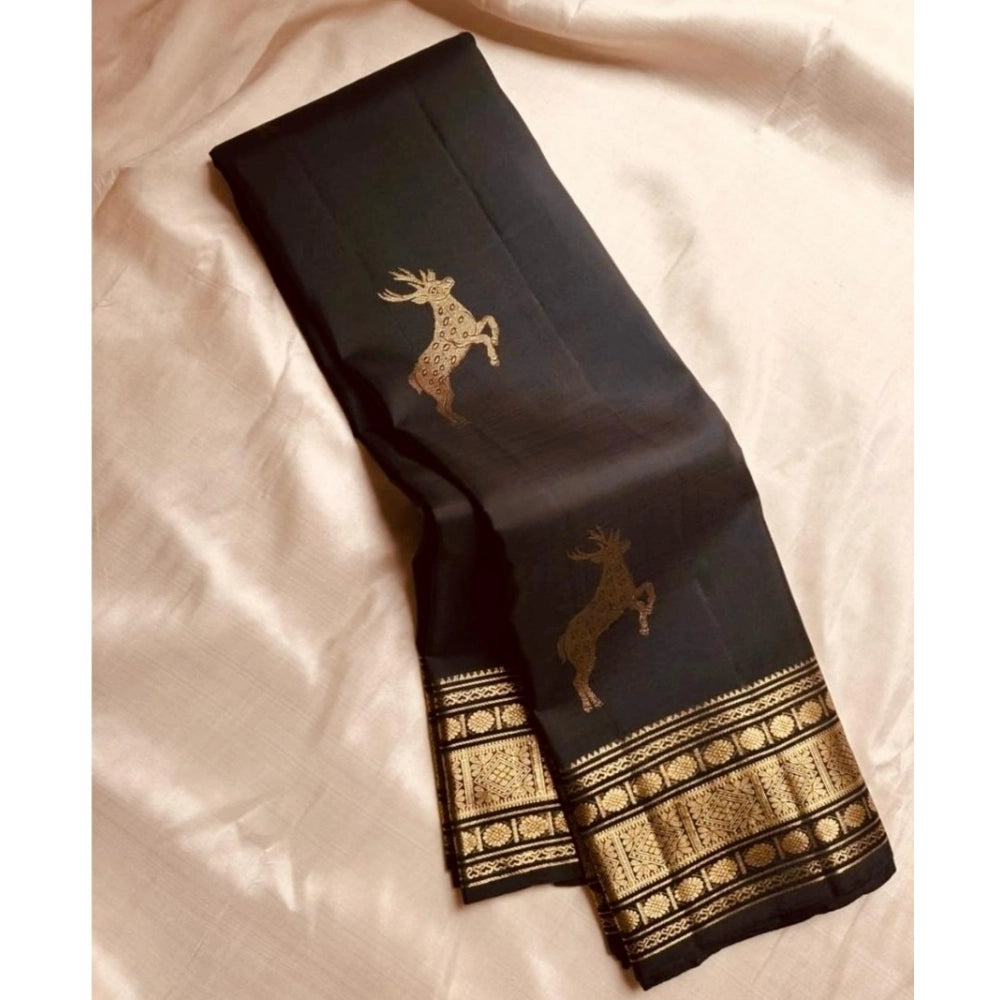 Amfyn Women's Silk Printed Saree With Unstitched Blouse 5.5Mtr (Black)