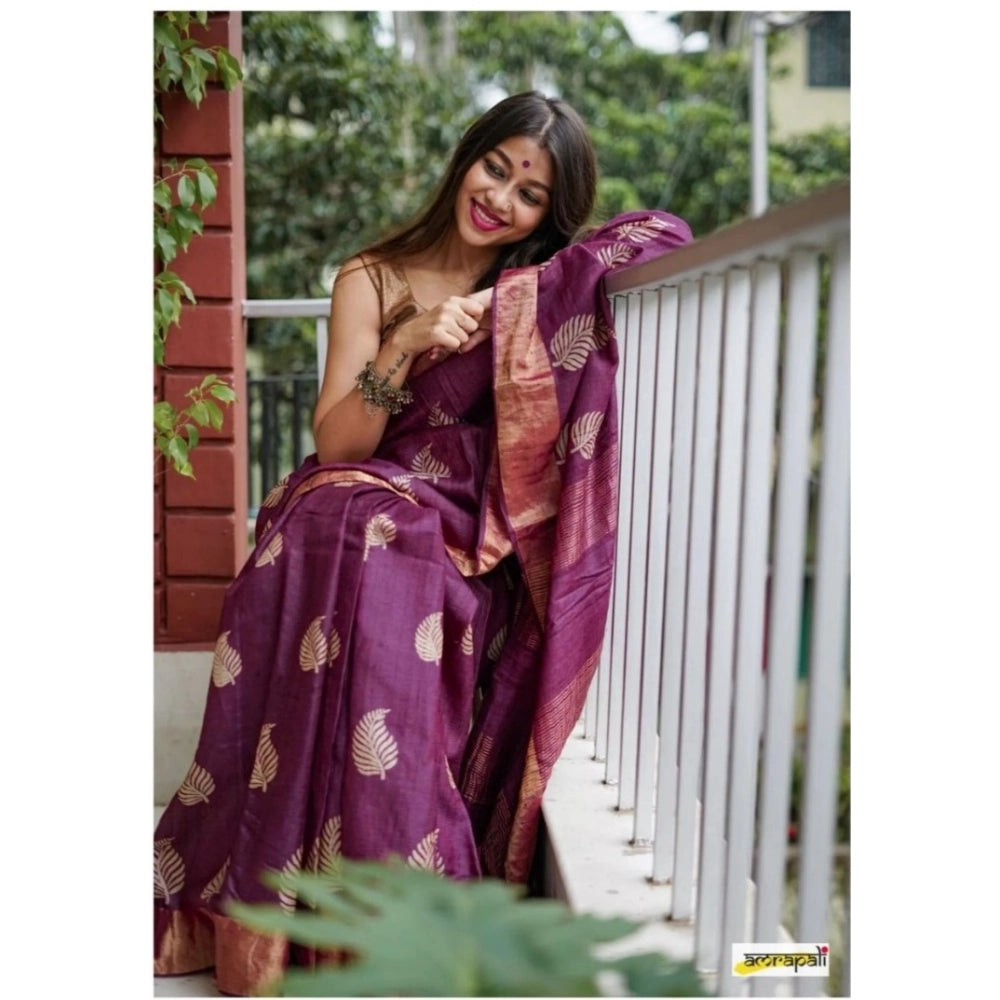 Amfyn Women's Silk Printed Saree With Unstitched Blouse 5.5Mtr (Purple)