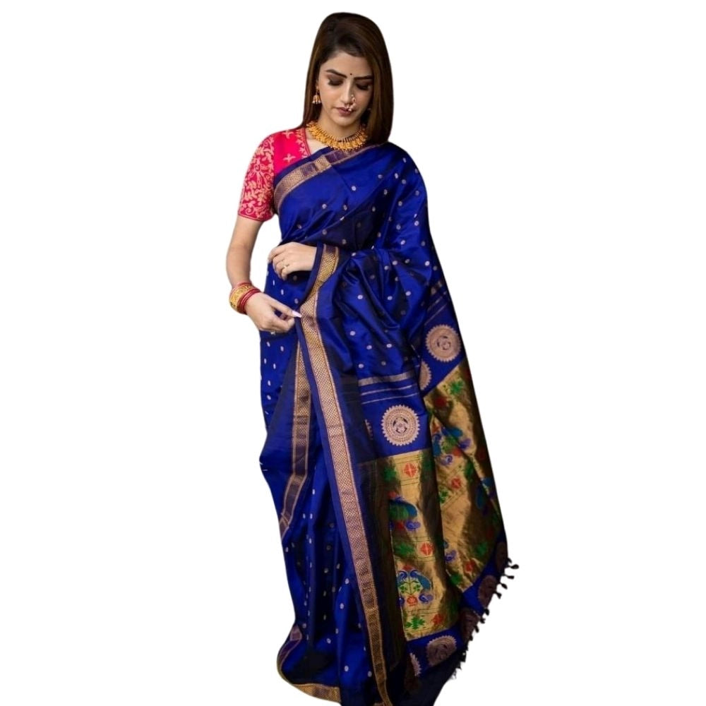 Amfyn Women's Silk Printed Saree With Unstitched Blouse 5.5Mtr (Blue)