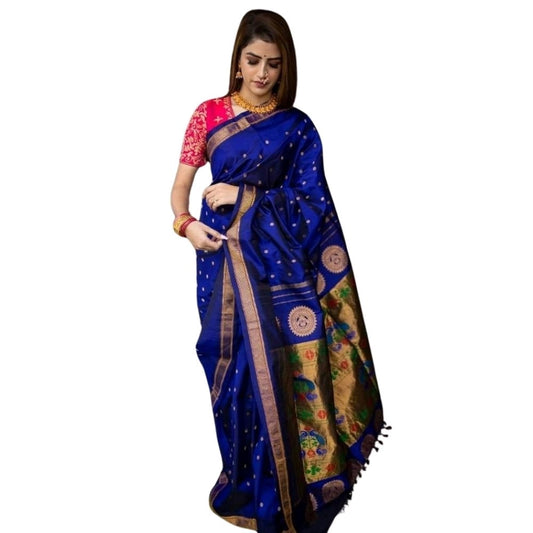 Amfyn Women's Silk Printed Saree With Unstitched Blouse 5.5Mtr (Blue)