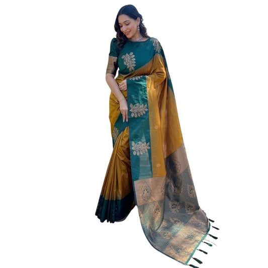 Amfyn Women's Silk Printed Saree With Unstitched Blouse 5.5Mtr (Yellow)