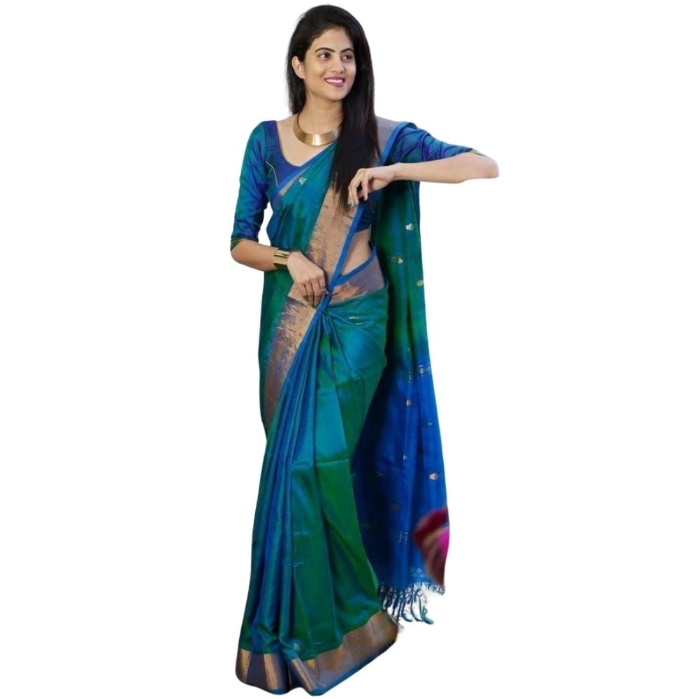 Amfyn Women's Silk Printed Saree With Unstitched Blouse 5.5Mtr (Blue)