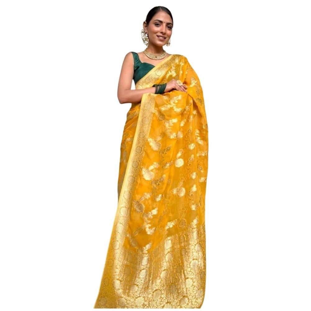 Amfyn Women's Silk Printed Saree With Unstitched Blouse 5.5Mtr (Gold Yellow)