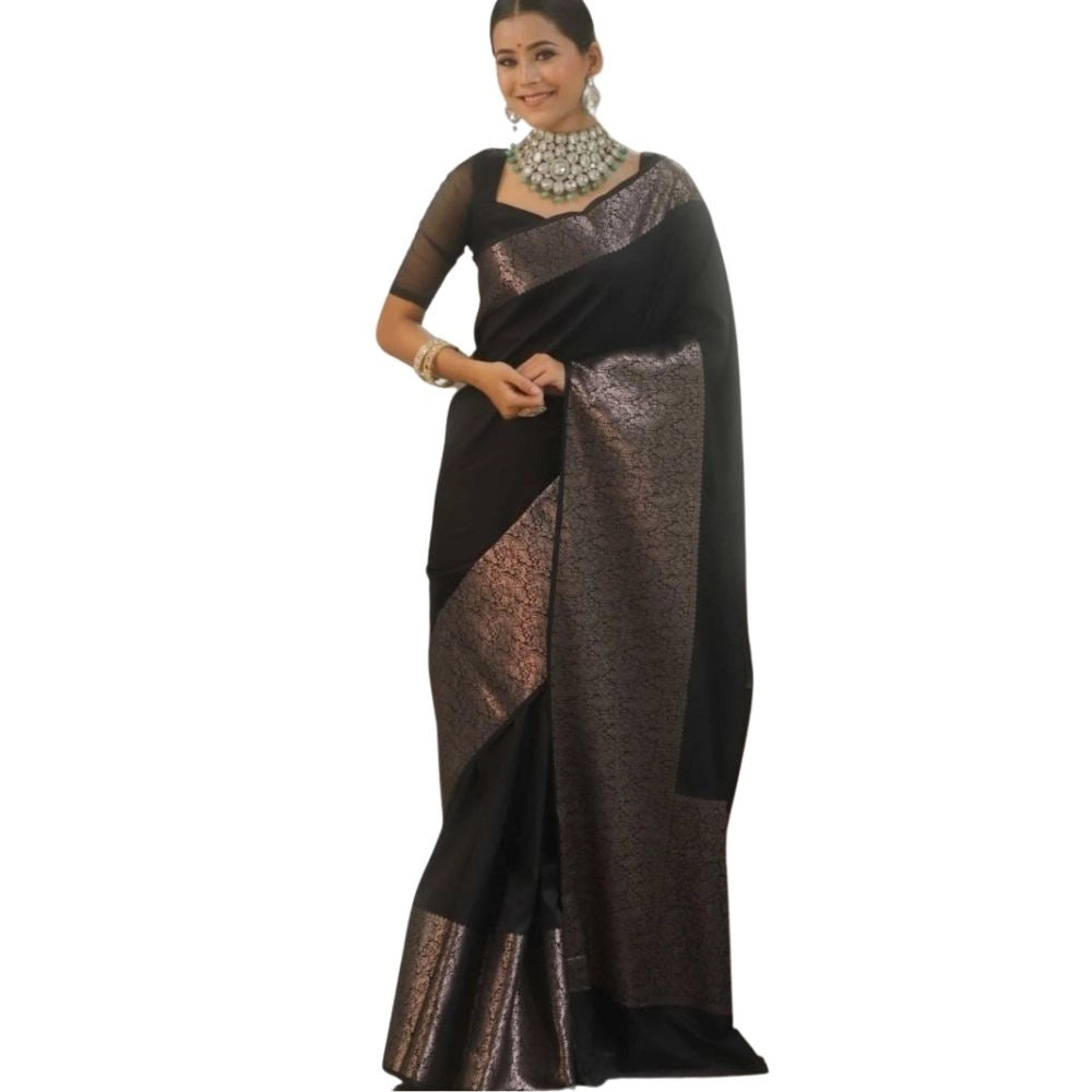 Amfyn Women's Silk Printed Saree With Unstitched Blouse 5.5Mtr (Black)