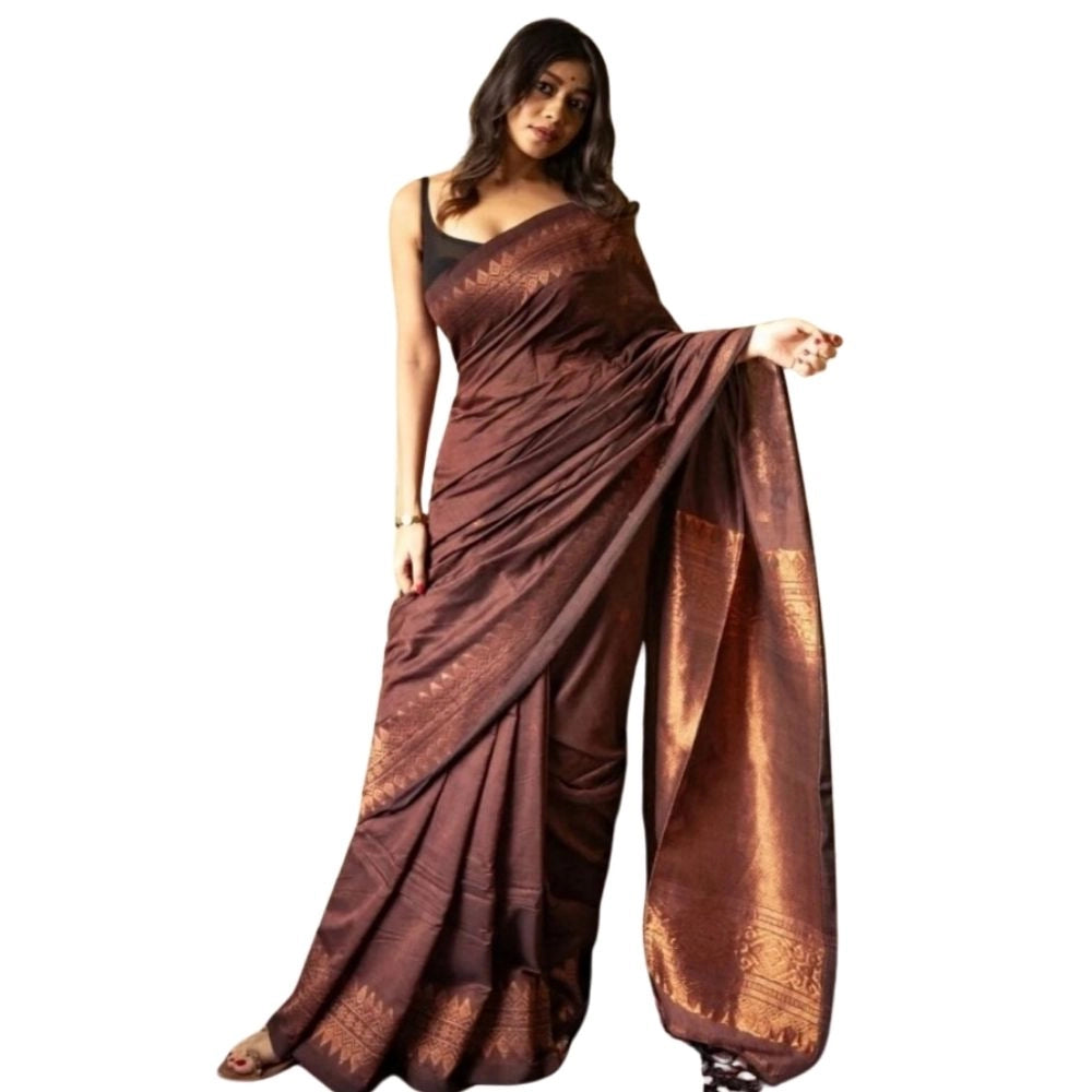 Amfyn Women's Silk Printed Saree With Unstitched Blouse 5.5Mtr (Coffee)