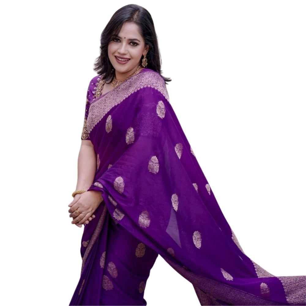 Amfyn Women's Silk Printed Saree With Unstitched Blouse 5.5Mtr (Purple)