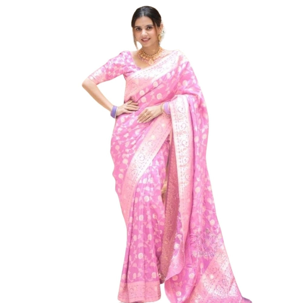 Amfyn Women's Silk Printed Saree With Unstitched Blouse 5.5Mtr (Pink)