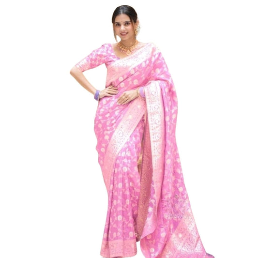 Amfyn Women's Silk Printed Saree With Unstitched Blouse 5.5Mtr (Pink)