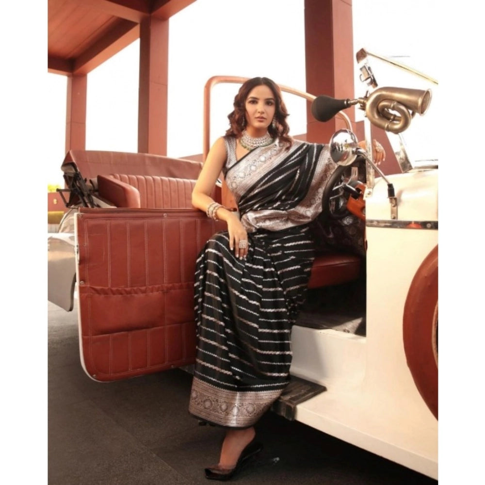 Amfyn Women's Silk Printed Saree With Unstitched Blouse 5.5Mtr (Black)