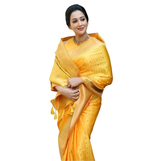Amfyn Women's Silk Printed Saree With Unstitched Blouse 5.5Mtr (Yellow)