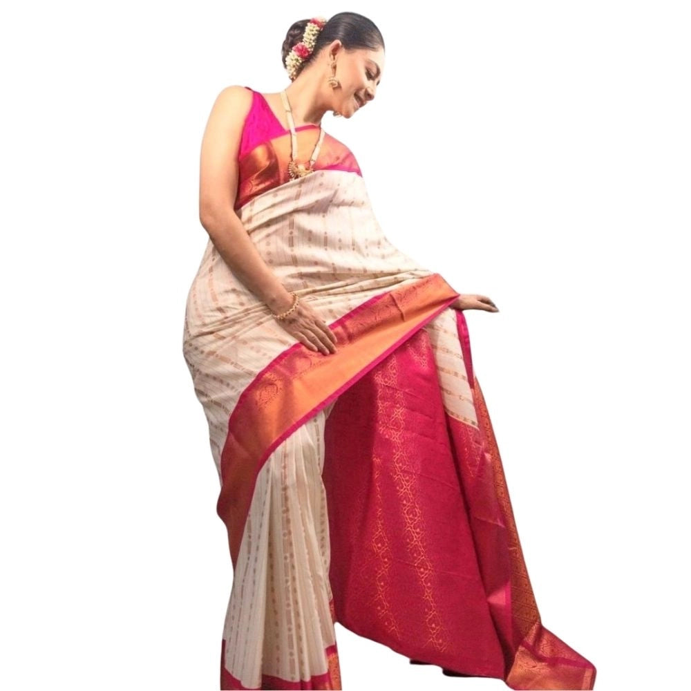 Amfyn Women's Silk Printed Saree With Unstitched Blouse 5.5Mtr (White-Pink)