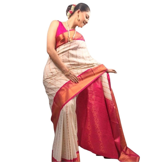 Amfyn Women's Silk Printed Saree With Unstitched Blouse 5.5Mtr (White-Pink)