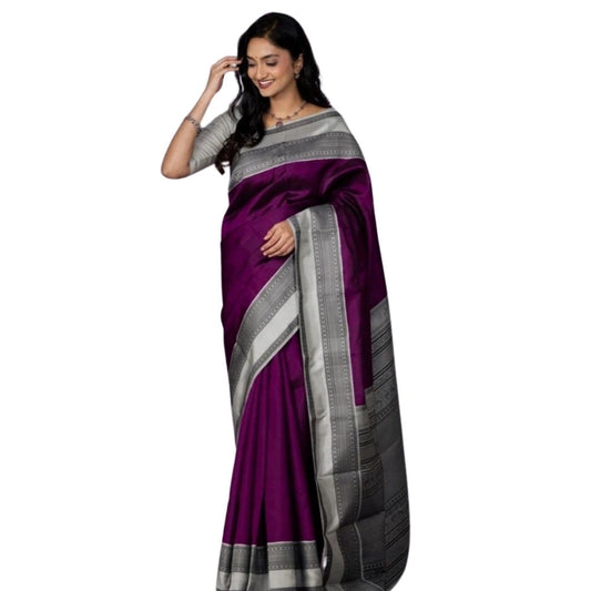 Amfyn Women's Silk Printed Saree With Unstitched Blouse 5.5Mtr (Purple)