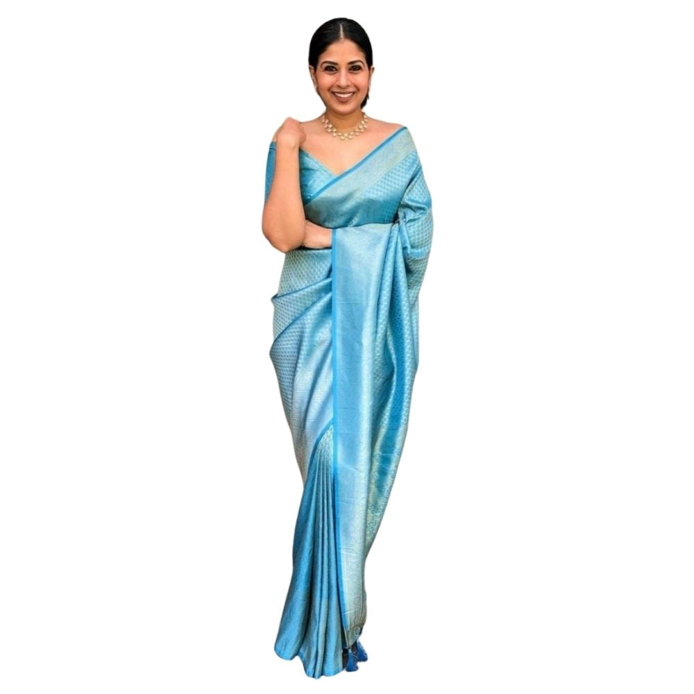 Amfyn Women's Silk Printed Saree With Unstitched Blouse 5.5Mtr (Sky Blue)