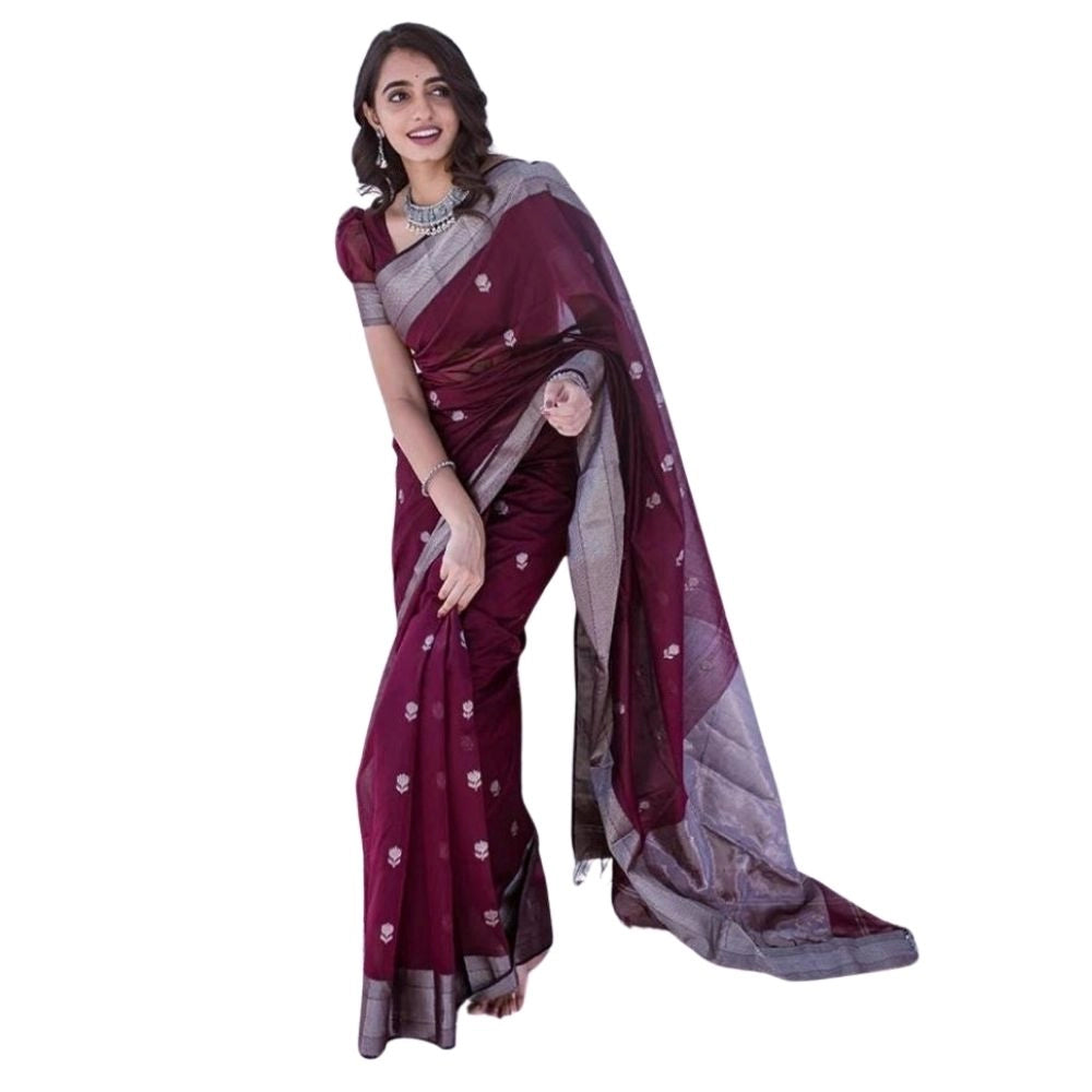 Amfyn Women's Cotton  Printed Saree With Unstitched Blouse 5.5Mtr (Maroon)