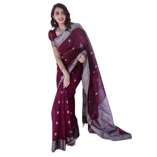 Amfyn Women's Cotton  Printed Saree With Unstitched Blouse 5.5Mtr (Maroon)