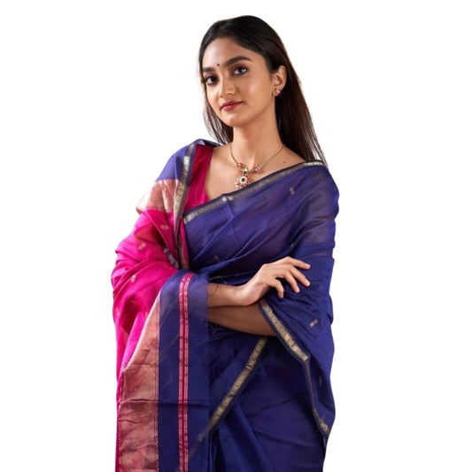 Amfyn Women's Cotton  Printed Saree With Unstitched Blouse 5.5Mtr (Blue)
