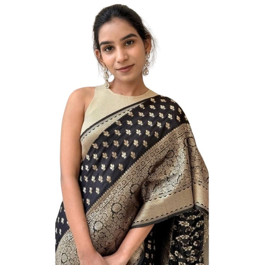 Amfyn Women's Silk Printed Saree With Unstitched Blouse 5.5Mtr (Black)