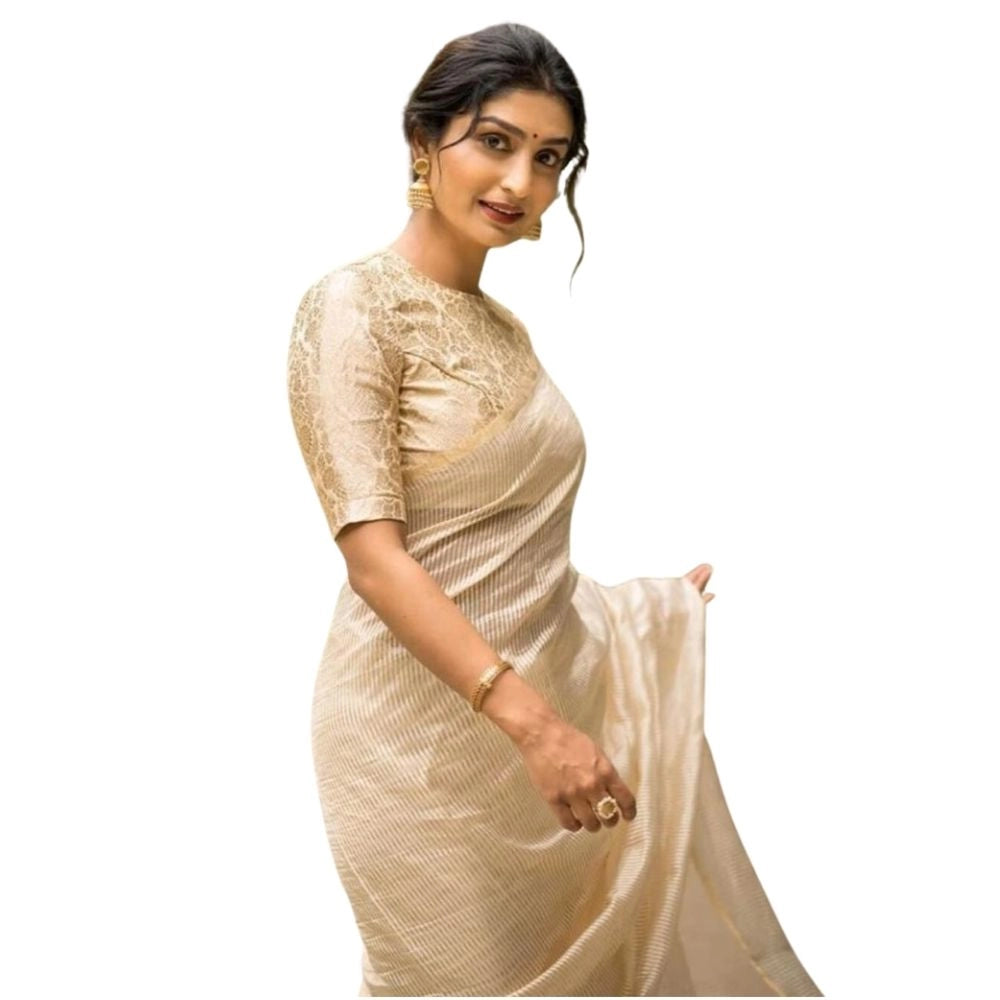 Amfyn Women's Silk Printed Saree With Unstitched Blouse 5.5Mtr (Off White)