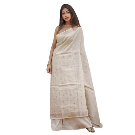 Amfyn Women's Cotton  Printed Saree With Unstitched Blouse 5.5Mtr (Cream)