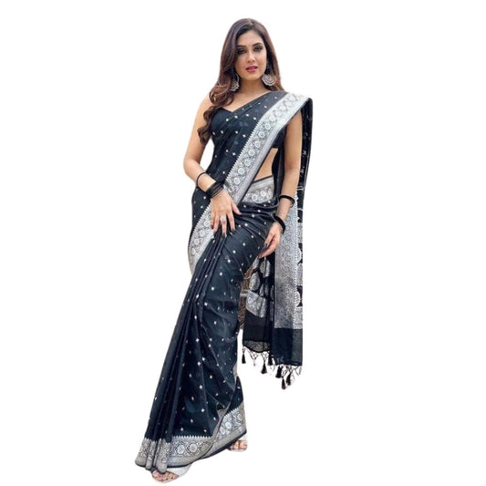 Amfyn Women's Silk Printed Saree With Unstitched Blouse 5.5Mtr (Black)