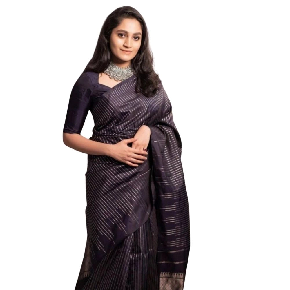 Amfyn Women's Silk Printed Saree With Unstitched Blouse 5.5Mtr (Black)