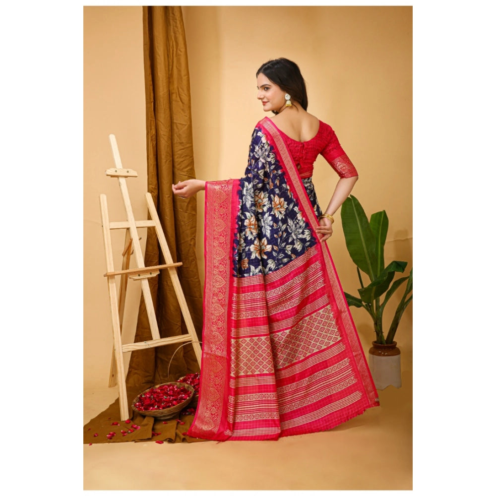 Amfyn Women's Soft Dola Cotton Kalamkari Printed Saree With Unstitched Blouse 5.5Mtr (Navy Blue)