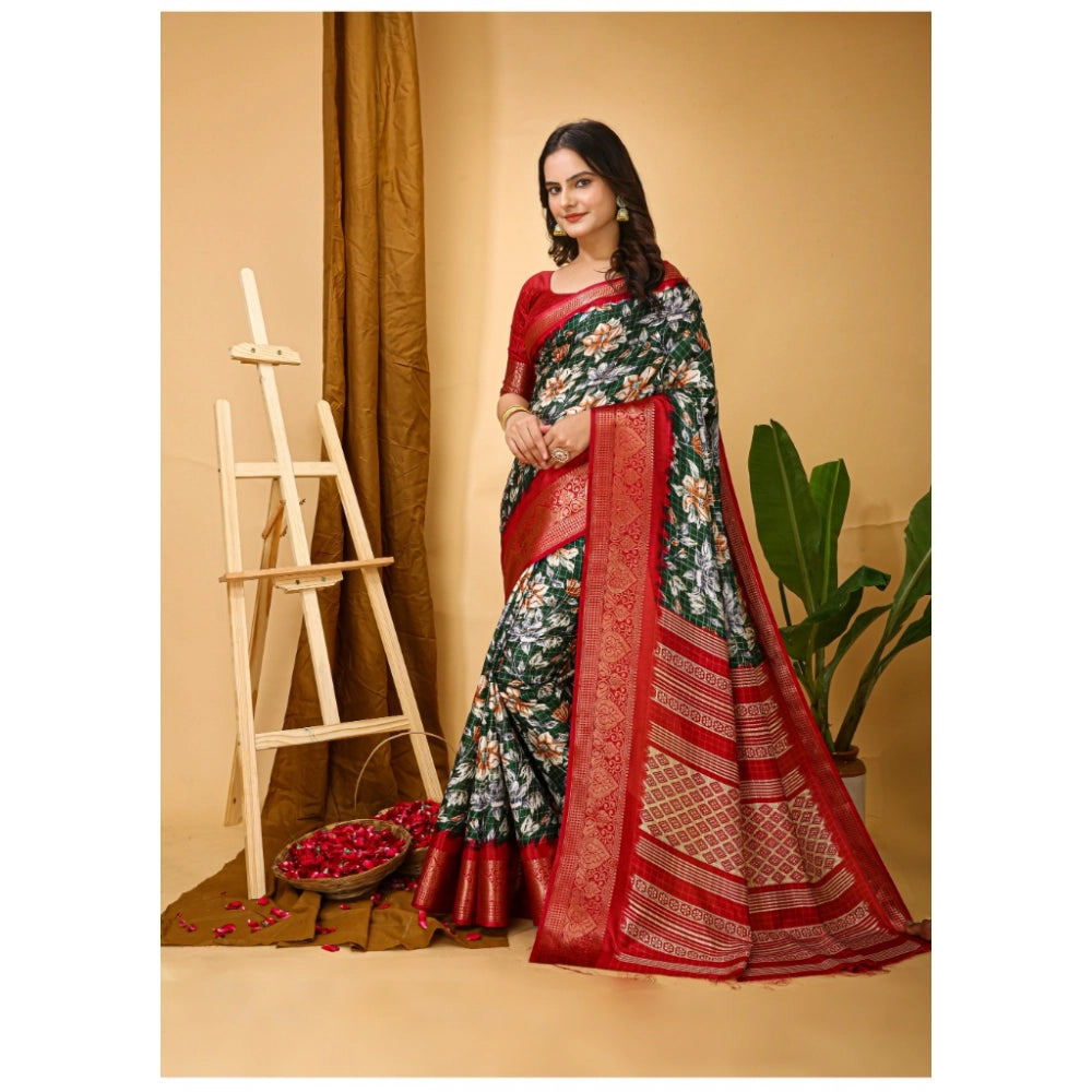 Amfyn Women's Soft Dola Cotton Kalamkari Printed Saree With Unstitched Blouse 5.5Mtr (Green)