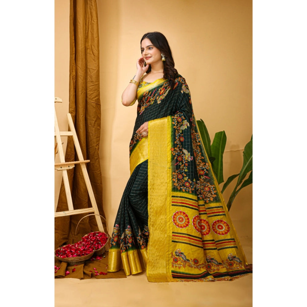 Amfyn Women's Soft Dola Cotton Kalamkari Printed Saree With Unstitched Blouse 5.5Mtr (Green)