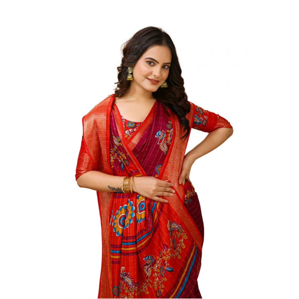 Amfyn Women's Soft Dola Cotton Kalamkari Printed Saree With Unstitched Blouse 5.5Mtr (Maroon)