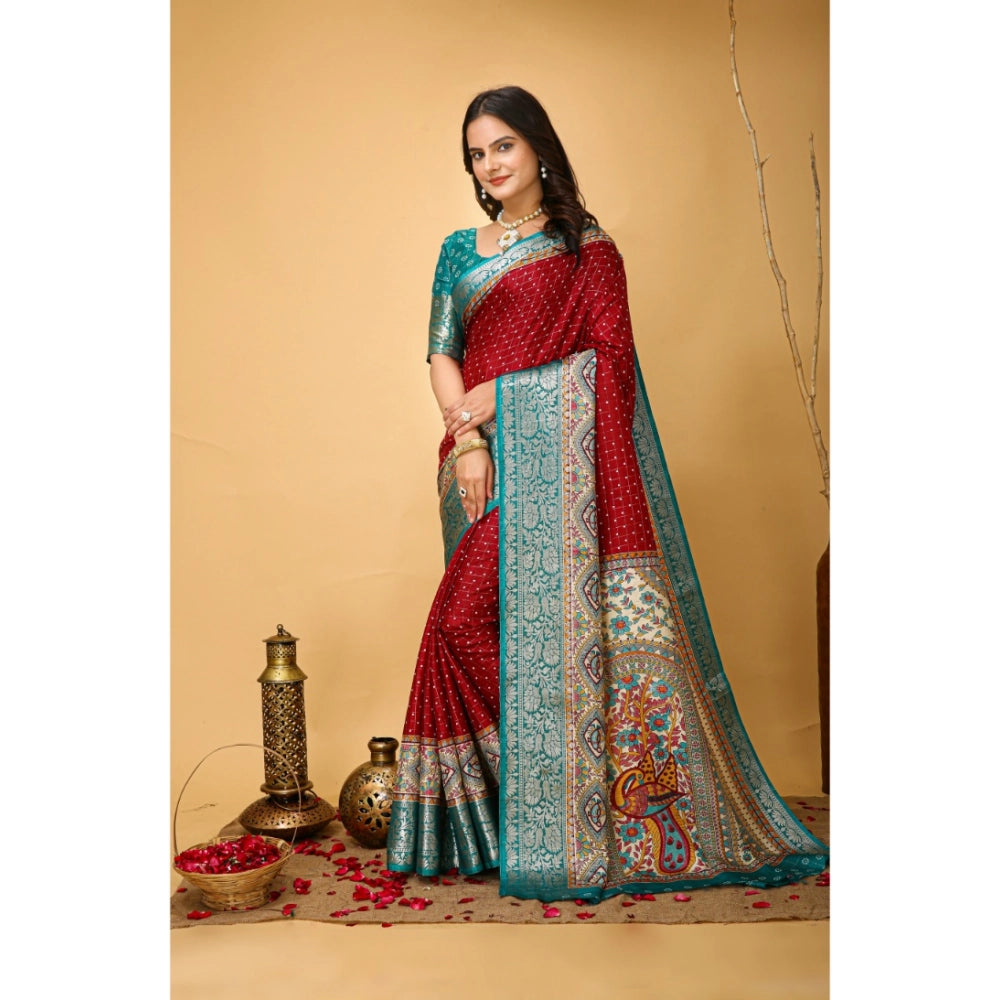 Amfyn Women's Soft Dola Cotton Kalamkari Printed Saree With Unstitched Blouse 5.5Mtr (Red)