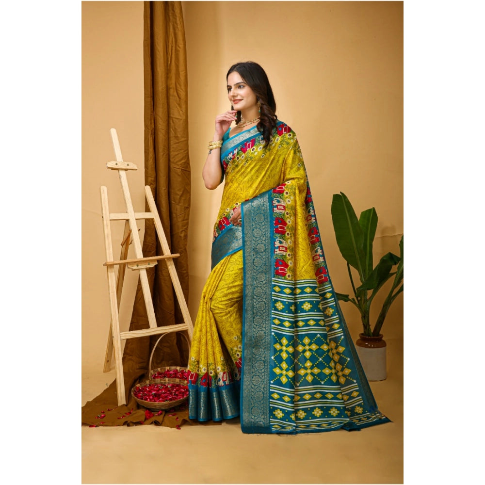 Amfyn Women's Soft Dola Cotton Kalamkari Printed Saree With Unstitched Blouse 5.5Mtr (Yellow)