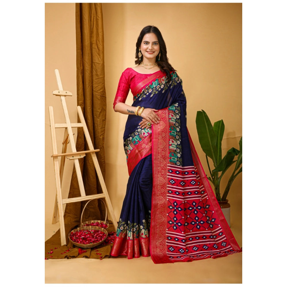 Amfyn Women's Soft Dola Cotton Kalamkari Printed Saree With Unstitched Blouse 5.5Mtr (Navy Blue)