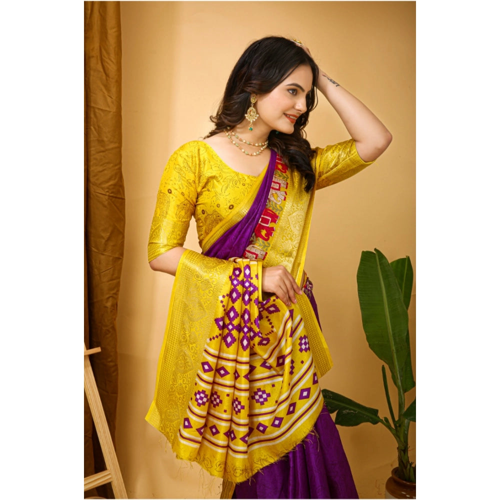 Amfyn Women's Soft Dola Cotton Kalamkari Printed Saree With Unstitched Blouse 5.5Mtr (Purple)