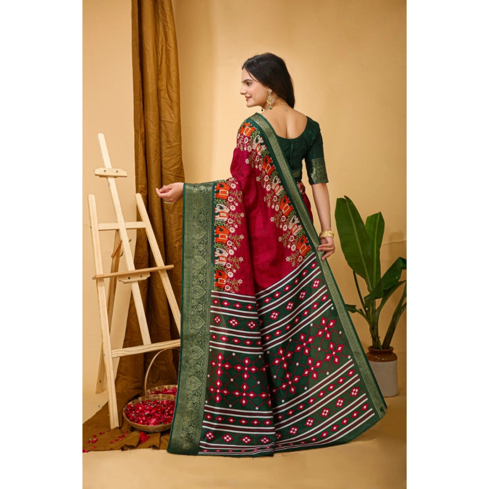 Amfyn Women's Soft Dola Cotton Kalamkari Printed Saree With Unstitched Blouse 5.5Mtr (Red)