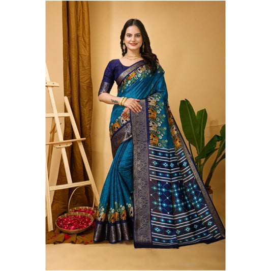 Amfyn Women's Soft Dola Cotton Kalamkari Printed Saree With Unstitched Blouse 5.5Mtr (Blue)