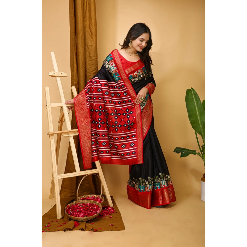 Amfyn Women's Soft Dola Cotton Kalamkari Printed Saree With Unstitched Blouse 5.5Mtr (Black)