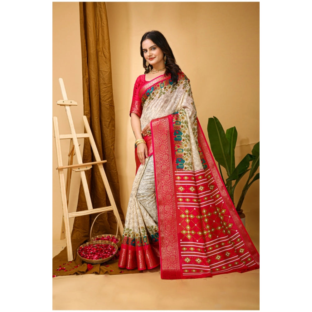 Amfyn Women's Soft Dola Cotton Kalamkari Printed Saree With Unstitched Blouse 5.5Mtr (White)