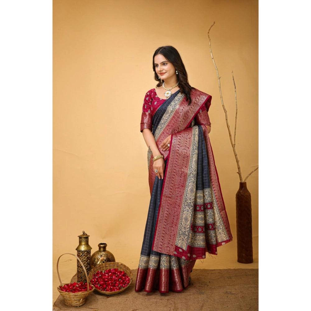 Amfyn Women's Soft Dola Cotton Kalamkari Printed Saree With Unstitched Blouse 5.5Mtr (Grey)