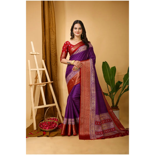 Amfyn Women's Soft Dola Cotton Kalamkari Printed Saree With Unstitched Blouse 5.5Mtr (Purple)