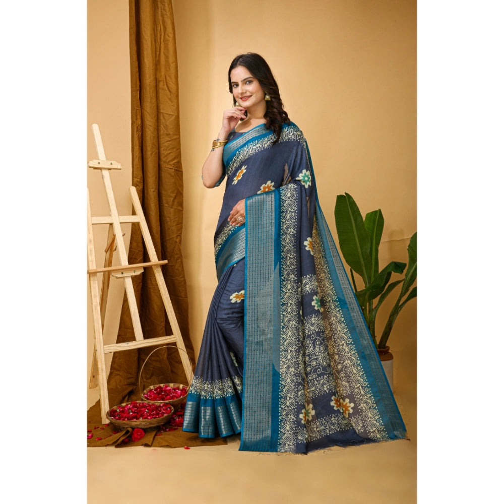 Amfyn Women's Soft Blooming Marshmallow Fabric Kalamkari Printed Saree With Unstitched Blouse 5.5Mtr (Grey)