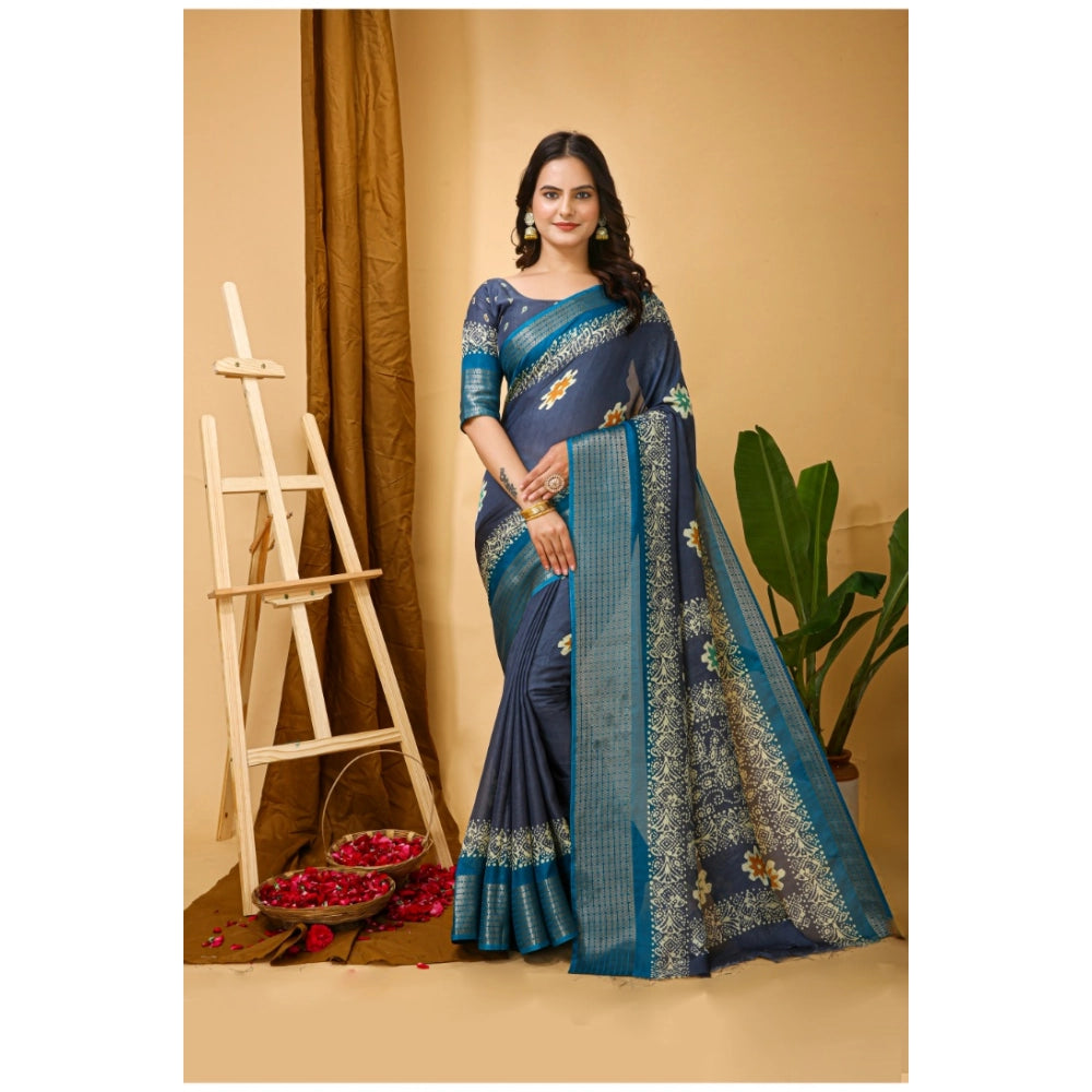 Amfyn Women's Soft Blooming Marshmallow Fabric Kalamkari Printed Saree With Unstitched Blouse 5.5Mtr (Grey)