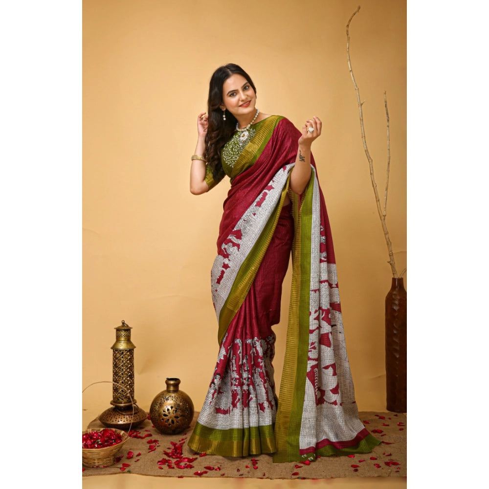 Amfyn Women's Soft Handloom Cotton Kalamkari Printed Saree With Unstitched Blouse 5.5Mtr (Maroon)