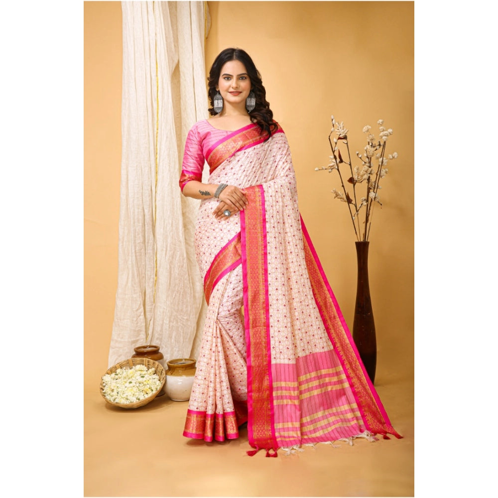 Amfyn Women's Soft Cotton Silk Printed Saree With Unstitched Blouse 5.5Mtr (Pink)
