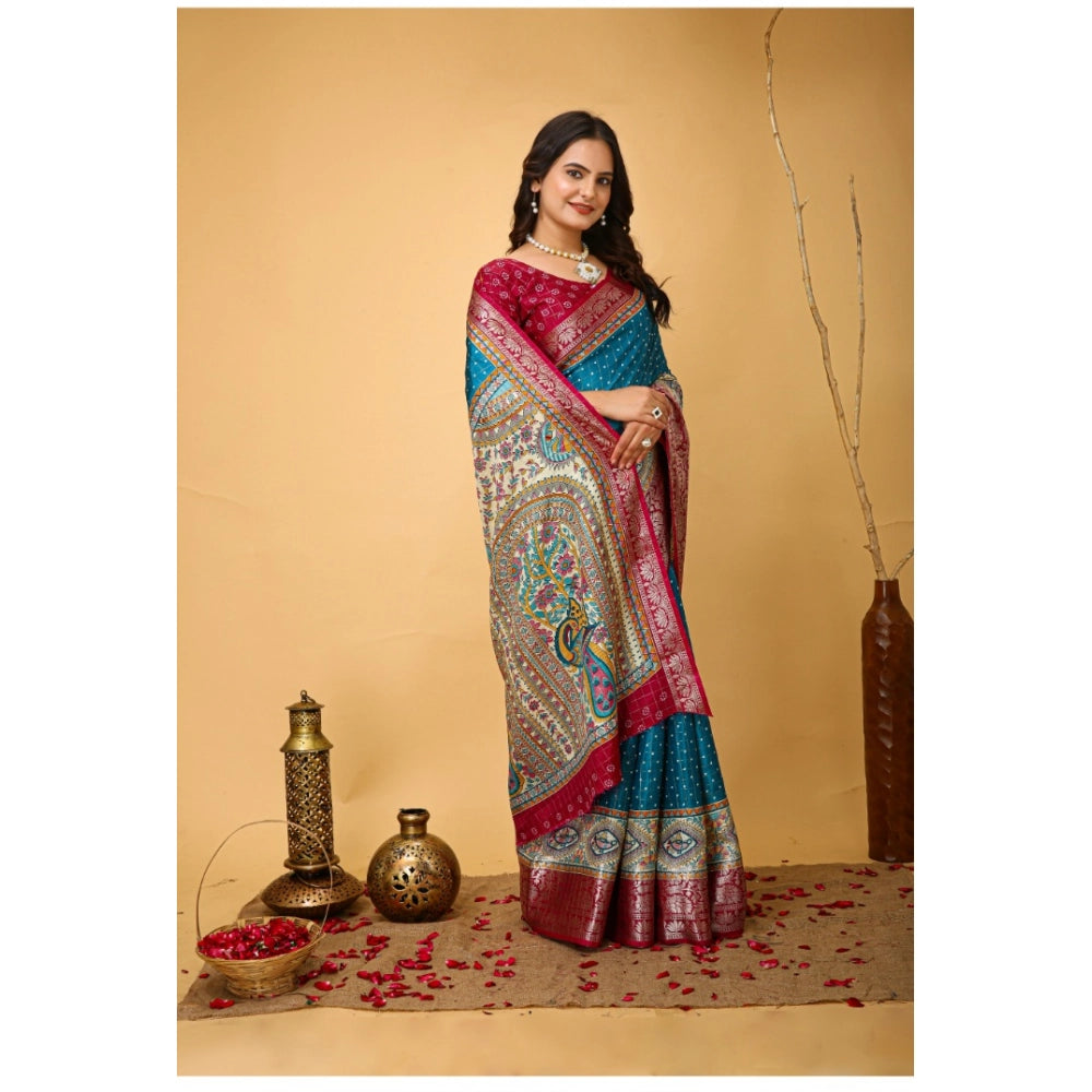 Amfyn Women's Soft Dola Cotton Kalamkari Printed Saree With Unstitched Blouse 5.5Mtr (Sky Blue)