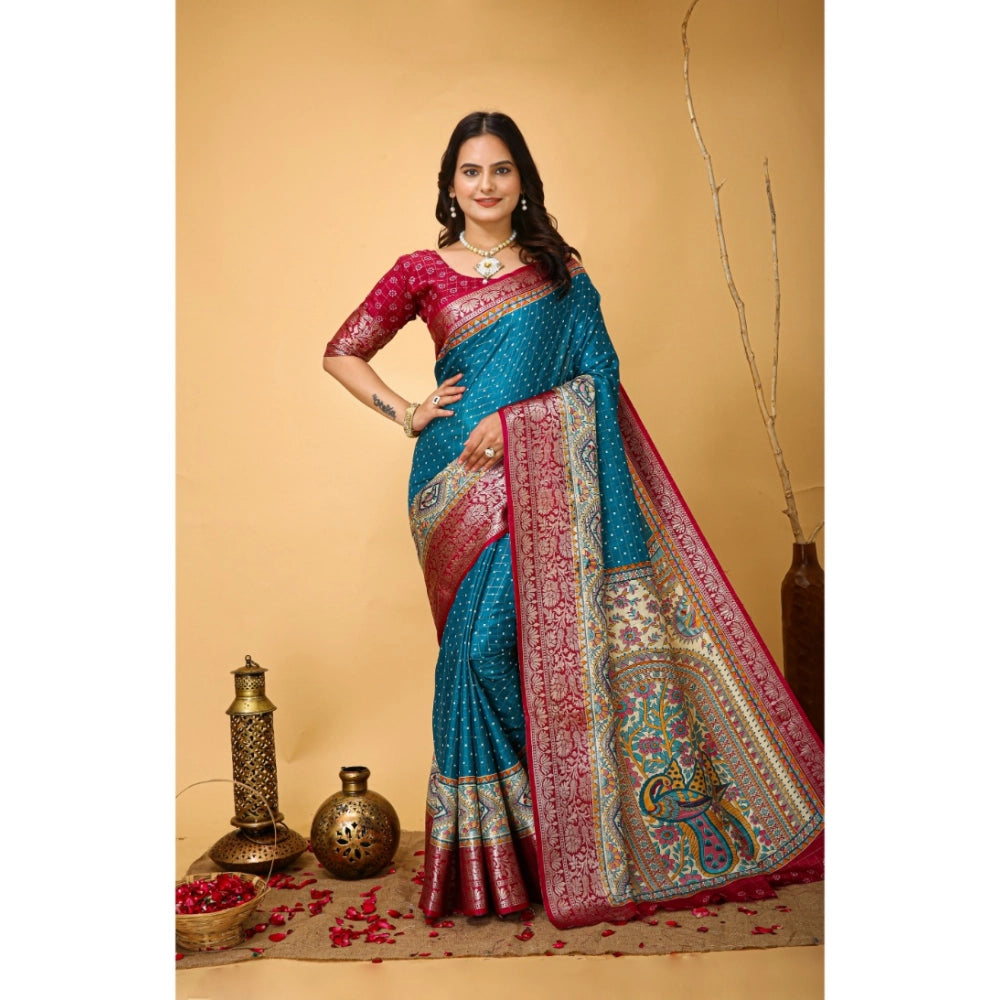 Amfyn Women's Soft Dola Cotton Kalamkari Printed Saree With Unstitched Blouse 5.5Mtr (Sky Blue)