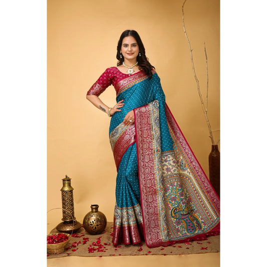 Amfyn Women's Soft Dola Cotton Kalamkari Printed Saree With Unstitched Blouse 5.5Mtr (Sky Blue)