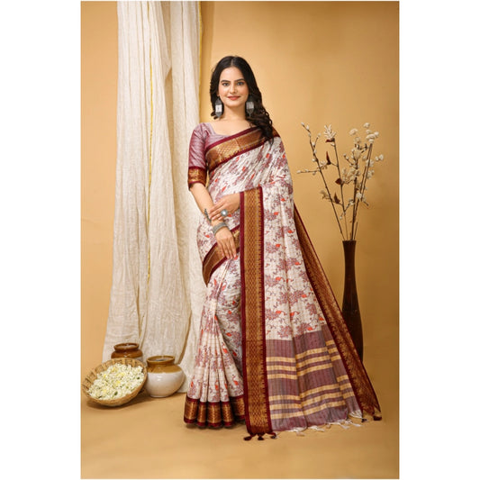 Amfyn Women's Soft Cotton Silk Printed Saree With Unstitched Blouse 5.5Mtr (Maroon)